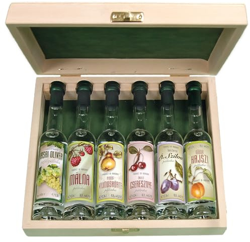 Szicsek Palinka | 6 Mini Palinka Selection | Artisan Fruit Brandy in Wooden Gift Box | 100% Natural, Gluten Free, GMO Free | 6 x 40 ml