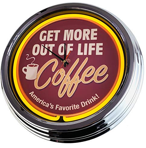 US-Way.de Retro Neon Wanduhr Coffee– 44 cm Durchmesser, Batteriebetriebene, Deko-Wanduhr ohne Tickgeräusche und gut lesbares Display, USA 50er-Jahre-Stil Neon-Uhr für Küche, Wohnzimmer, Büro (Yellow)