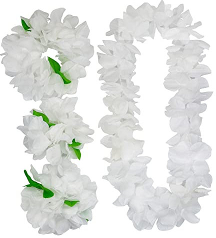 Yansanido Set di 4 collane, bracciali e fasce con fiori hawaiani e foglia, per feste Luau, decorazioni per feste hawaiane Luau, forniture decorative per feste (bianco-02)