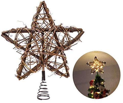 Joiedomi 10 Zoll Weihnachtsbaumspitzen, Rustikale Rattan Stern Baumspitze mit 30 LEDs, Stern Christbaumspitze Beleuchtet mit Lichtern für Weihnachtsbaumdekoration, Weihnachtsfeier Innendekoration