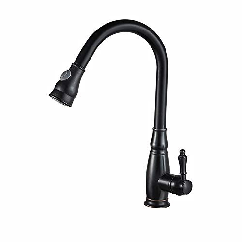 MYALQ Wasserhahn Küche Schwarz Vintage, Single Handgriff Heißem und Kaltem Einstellbarer Mischbatterien, Küchenarmatur mit Einziehbar Strahliger Brause, Einzelne Bohrung