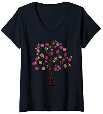 Femme Le bel arbre de vie : les fleurs roses de mandala T-Shirt avec Col en V
