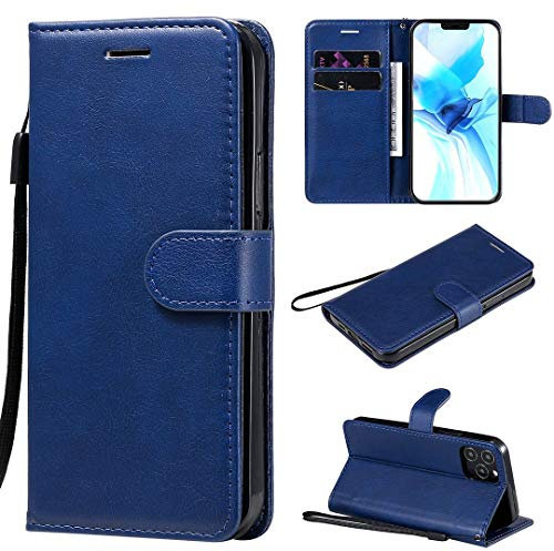 SATURCASE Case for Apple iPhone 12/12 Pro, PU Leather Flip Magnet Wallet Stand Card Slots Hand Strap Protective Cover for Apple iPhone 12/12 Pro (XD-Blue)
