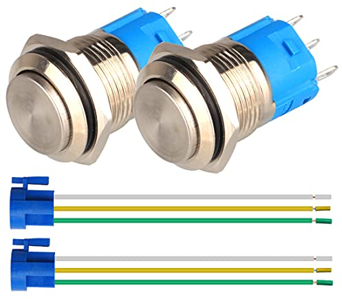 GUUZI 2pcs 16mm Autoblocante Interruptor de Botón de Metal de Acero Inoxidable Resistente al Agua, 12V 24V 36 CC 110V 250V CA 3A 1NO + 1NC, SPST (Cabeza Plana Alta)