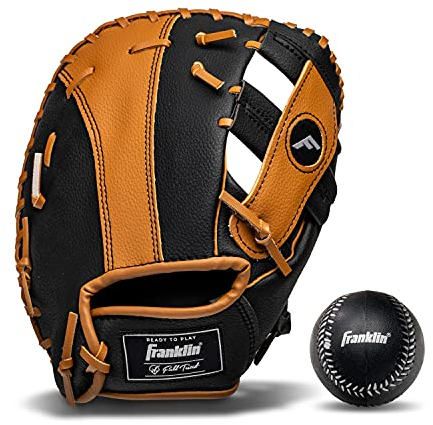 Franklin Sports Teeball Glove RTP Fielding Glove – Baseballhandschuh aus Kunstleder – Spielfertiger Handschuh (RTP) – 24,1 cm Rechtshänder werfen – First Base – Schwarz/Hellbraun mit Ball