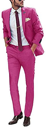 Completo da uomo in 2 pezzi, slim fit, giacca con un bottone, blazer, gilet, pantaloni, set per feste e matrimoni, Fucsia, 48