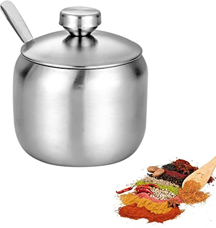 Pot à Sucre en Acier Inoxydable avec Couvercle Bol à Sucre avec Couvercle et Cuillère à Sucre Sucrier Inox avec Couvercle et Cuillère Pot à épices Rond en Acier Inoxydable pour Sucre, thé, Café,épices