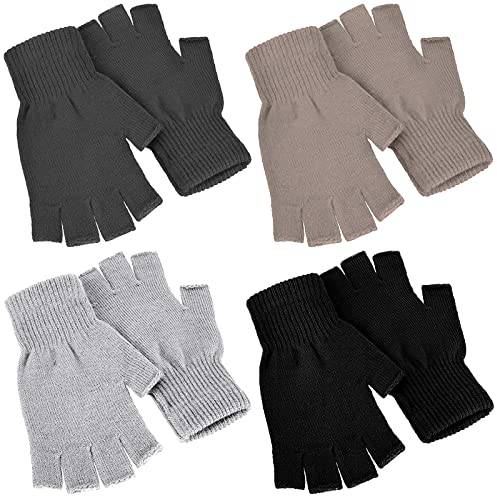 SATINIOR 4 Paar Winter Halbfinger Handschuhe Gestrickte Fingerlose Fäustlinge Warme Dehnbare Handschuhe für Damen und Herren, Schwarz, Dunkelgrau, Khaki, Hellgrau, 6.7 x 3.54 inches