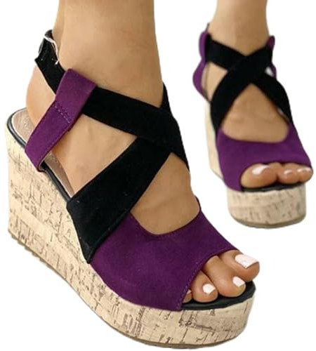 HIONRE Nu Pieds en Cuir PU avec Confortable Sandales,Sandales à Plateforme à Blocs de Couleurs, Chaussures compensées élastiques pour Femmes,Violet,41,Basic Sandales Bout Ouvert Femme