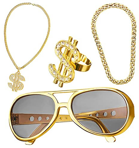 HIQE-FL 4 Stück Dollar Kette set,Hiphop Schmuck,Hip Hop Kostüm Set,80er Outfit Herren Kostüm,Gangster Kette,Rapper Accessoires,Fasching & Karneval für 70er,80er,90er Jahre Accessoires