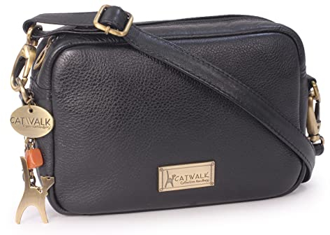 Catwalk Collection Handbags - Damen Leder Umhängetasche Klein - Crossbody Bag/Moderne Handtasche - Verstellbarer Schultergurt - POLLY - Schwarz