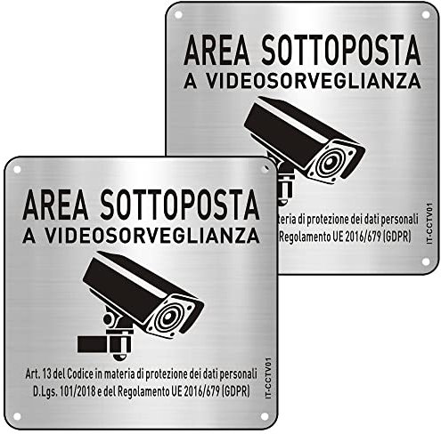 Cartello Area Videosorvegliata Alluminio con Avviso GDPR, con Adesivo e Fori, 15×15cm Cartello Telecamera Sorveglianza Metallo per Casa e Negozio, Interno ed Esterno
