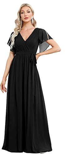 Ever-Pretty Bridesmaid V-Neck Ruffle Sleeves Ruched Bust Chiffon Maxi Wedding Dress for Bride Black 10UK