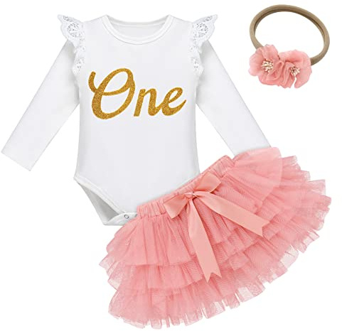 1 Compleanno Abiti per Bambina con Fiori, Pizzo, Manica Lunga, Body+Gonna a Tutù in Tulle+Fascia per Capelli con Fiocco, Set di 3 Pezzi, 12-18 Monate