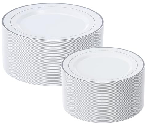 FOCUSLINE Silver Plastic Plates Set of 60,Disposable Plates with Silver Rim