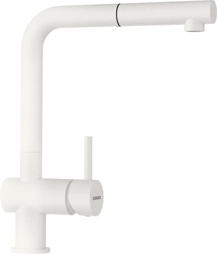 SCHOCK® Küchenarmatur Epos Polaris I weiße Hochdruck Armatur mit ausziehbarer Schlauchbrause I 360° drehbar I Spültischarmatur mit Standard-Norm-Anschlüssen I modernes Design I Einhebelmischer