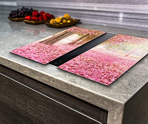 Hob Cover Chopping Board, Toughened Glass, Pink Trees , Set of 2 , Va Art Glass (2X Wide 30 x Height 52/cm)