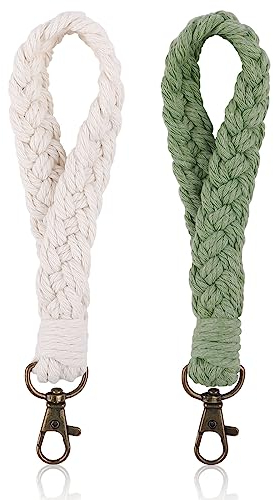 WINKIO Schlüsselanhänger kurz Lanyard, 2 Stück Schlüsselband Weicher Makramee Armband Schlüsselband Boho Handmade Wrist Lanyard Keychain Geschenke für Mama & Schwestern & Freunde (Weiß+Grün)