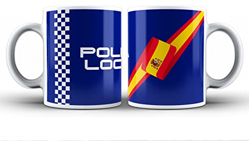 Taza de Policía Local con bandera de España, letras y fondo azul. Para desayuno, café o infusión. Se puede fregar y meter al microondas. De cerámica. Aguanta calor y frío