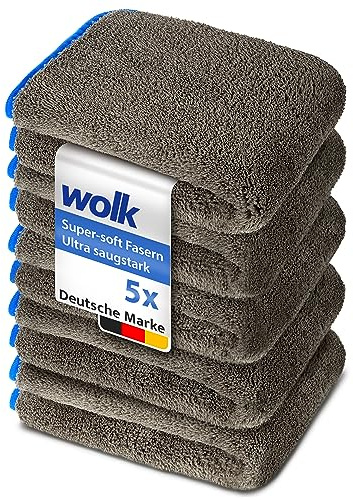 wolk Auto Trockentuch 5er Set 1200 GSM, Mikrofasertuch Auto 40x40 cm | 1200 GSM Premium-Mikrofaser. Fusselfrei, lackschonend und streifenfrei in Grau/Blau.