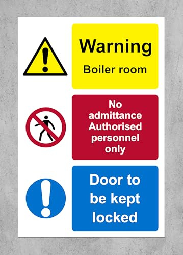Warning boiler room no admittance authorised personnel only door to be locked Safety sign - 1.2mm Rigid plastic 200mm x 150mm Case (Pack of 2)