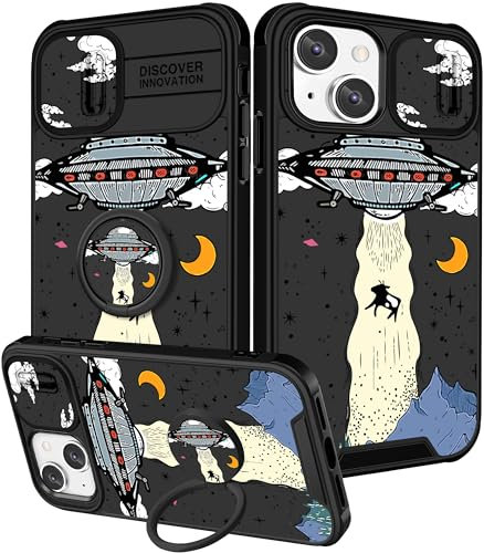 Pegmode (2in1 for iPhone 15 Case for Women Cute Cartoon Teen Boys Phone Cases Fun Cool Black Unique Design with Slide Camera Cover+Ring Holder Funny Fashion for Apple iPhone 15 Cover 6.1 inch