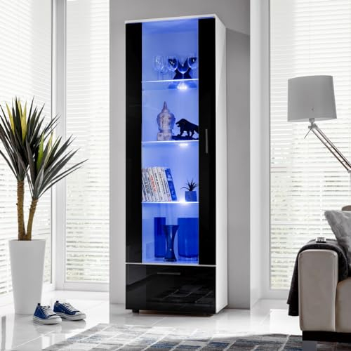 Komodee, Vitrine Armoire Alessandria, Blanc Noir, Largeur 60 cm x Hauteur :192 cm x Profondeur 42 cm, sans LED, 3 étagères, pour Salon, Chambre, Entrée