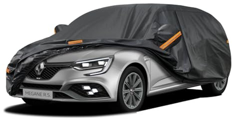 Kayme Autoplane Wasserdicht Atmungsaktiv für Renault Megane Schrägheck (1999-2025), 7 Schichten Vollgarage Autoabdeckung für Regen Sonne Staub Schutz, Autoabdeckung mit Reflektierenden Streifen.
