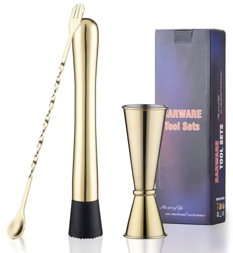 Gbuxska Gold Muddler for Cocktails, 10 Inches Bar Spoon, 1 oz 2 oz Double Jigger- Premium 3 Piece Gold Mixing Tools Set for Drinks