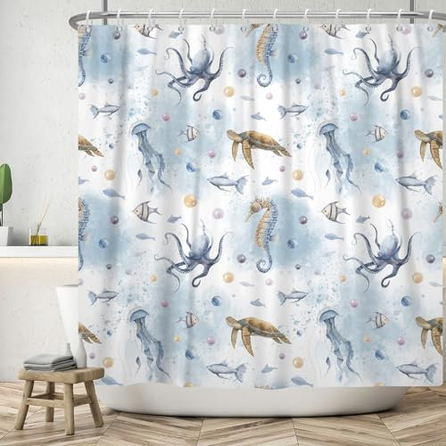 ASDCXZ Maritim Duschvorhang 180x200 cm, Meeresorganismen Hippocampus Quallen Oktopus Fisch Waschbar Duschvorhänge Polyester Stoff Wasserdicht Anti Schimmel Duschvorhang für Badewanne mit 12 Haken