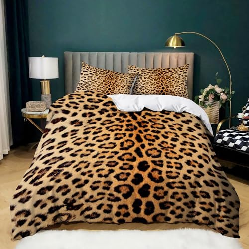 BanbE Bettwäsche Braunes Leopardenmuster 135x200 cm 3 teilig Bettbezug Set mit Kissenbezüge, Bettwäsche-Sets Mikrofaser mit Reißverschluss Weich und Bügelfrei