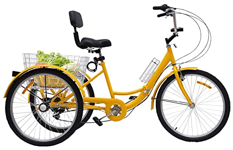ieLsngai Klapprad Dreirad Erwachsene Faltrad Gelb Tribike Dreirad 24 Zoll, Erwachsene Dreirad 7-Gang Faltrad Erwachsene mit Rückenlehne und LED Licht