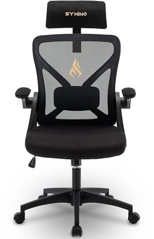 symino Bürostuhl, Bürostuhl Ergonomischer mit Verstellbarer Kopfstütze, Armlehnen, Lordosenstütze, drehbare Wippfunktion, Netzstuhl, rückenschonend, Bürostuhl 150 kg,Schwarz