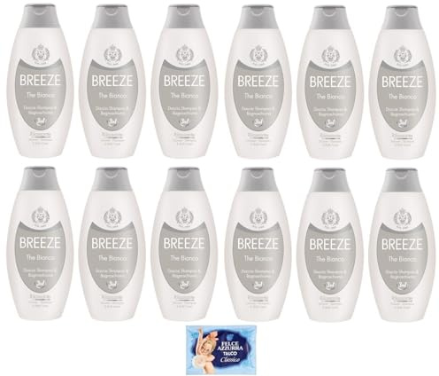 12 x BREEZE The White Dusch-Shampoo und Duschgel, reinigt effektiv Körper Haut und Haar, 400 ml + 1 Beutel Talkum Felce Azzurra 100 g