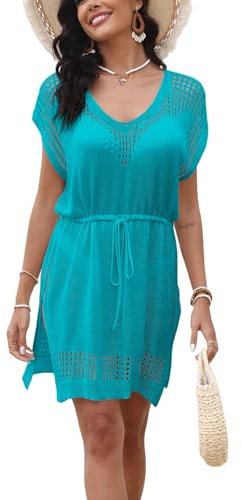 Codkkre Vestido de Playa Mujer Ropa de Playa Verano Pareos Playa Mujer Vestido Playeros Crochet Piscina Camisolas Sexy Beach Cover Up, Turquesa