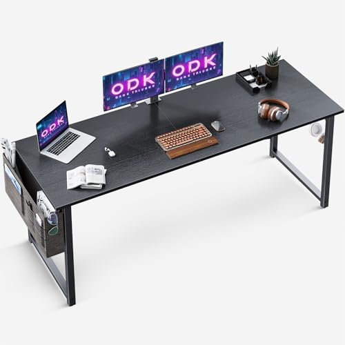 ODK Escritorio de Ordenador, 160x55x73.5cm Mesa de Estudio de Ordenador con Bolsa de Almacenaje y Gancho para Auriculares Mesa de Escritura de Ordenador para Oficina, Dormitorio (Negro)