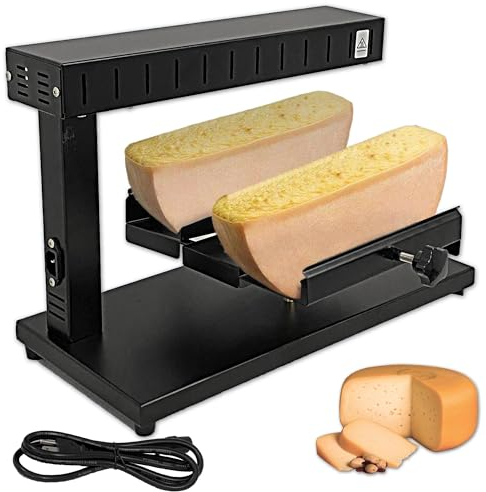 Raclette Cheese Melter, 750W Commercial Electric Cheese Grill Melter with Double Heating Area, Tiltable Adjustable Heater Raclette, for 2 Pieces of Half Cheese Rapid Heating