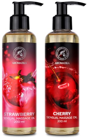 Sinnliches Massageöl Set 2x200ml - Erdbeere & Kirsche - Körper Massage Öl mit Mandelöl und Traubenkernöl - Essbar - Natürlich - Kissable Massage Öl - Massageöl für Paare