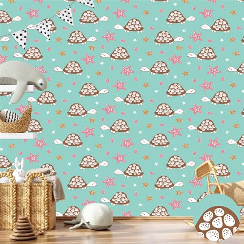 Selbstklebende Tapete Türkis Turtle Pink Strukturtapete Wandtattoo Schlafzimmer Tapete Selbstklebend Vliestapete Wallpaper for Living Room Tapeten Leicht zu Entfernen Wandschutzfolie 40x100cm/2 Pcs