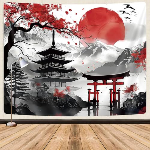 GOAOK Japanischer Anime-Wandteppich, coole japanische Kirschblüte, Blumen, Bergsonne, asiatische orientalische abstrakte Kunst, Wandbehang für Männer, rot und schwarz, kleine Wandteppiche, ästhetisch