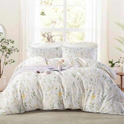Tospass Baumwolle Bettwäsche Set 200x220cm 3teilig Weiß Grün Gelb Blumen Floral Wende Bettwäsche Blumenmuster Mädchen Elegant Bettbezug mit Reißverschluss und 2 Kissenbezug 80x80cm