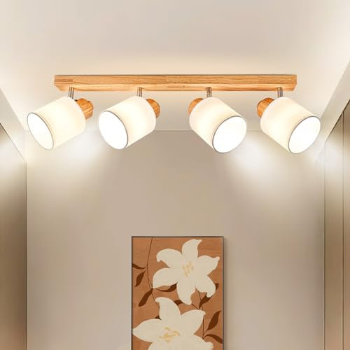 Doughelec Deckenlampe Deckenleuchte 4 Flammig Holz - Wohnzimmer Deckenstrahler Deckenspot Vintage E14 Schwenkbar Lampe Decke Wandstrahler MAX 30W Spot für Schlafzimmer Küche Flur, Ohne Leuchtmittel