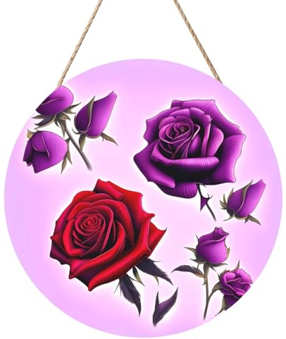 Quadro rotondo in legno con rose rosse e viola, 30,5 cm. Opera d'arte squisita, legno ecologico, una scelta elegante per la decorazione della casa.