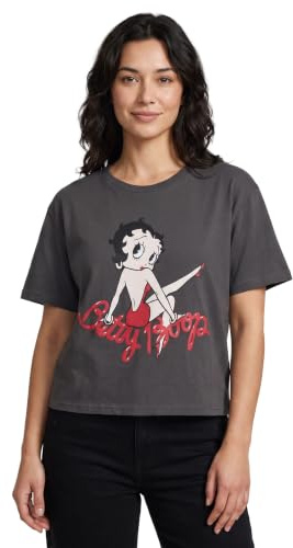 Vanilla Underground Betty Boop Womens Grey Cropped Short Sleeve Graphic Tee | VIA Cartoon Character Crew Neck T-Shirt | Casual Black Apparel for Everyday Wear