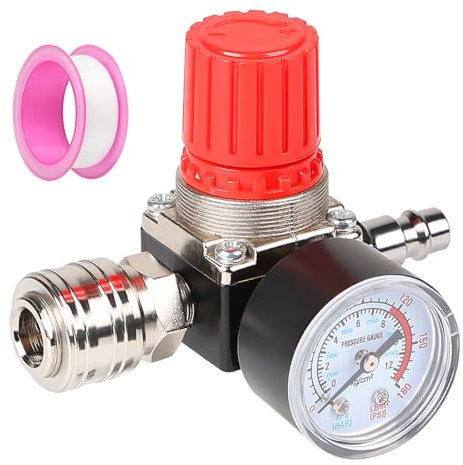 CPROSP Regolatore di Pressione per Compressore 3 Fori 1/4 con Manometro 175 PSI e Nastro in Teflon, Regolatore di Pressione Aria, Kit Compressore Aria, Pressostato Compressore
