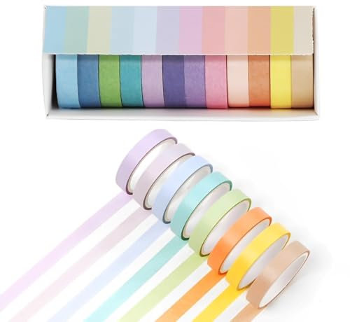 WeddHuis 12 Rouleaux Washi Tape Set, Ruban Adhésif Décoratif Arc-en-Ciel, Scotch Décoratif pour Enfants et Adultes, Scrapbooking, Bricolage et Bullet Journals (2 m x 15 mm/Rouleau) (Multicolore)