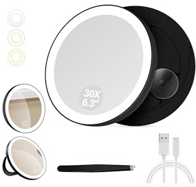 NOMBUM 30x Magnifying Mirror with Light, Suction Cup and Stand for Makeup and Bathroom Use, Featuring Three-Color Adjustable Lighting, Suitable for Desktop and Travel Makeup Applications, Black