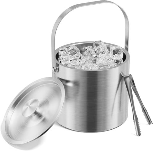 Bugykido 4L Eiswürfelbehälter mit Deckel und Zange, Edelstahl Eiskübel mit Henkel, Doppelwandiger Isolierter Eisbehälter für Eiswürfel, Eiswürfelbehälter Groß, für Eiswürfel Zum Kühlen Von Bier & Wein