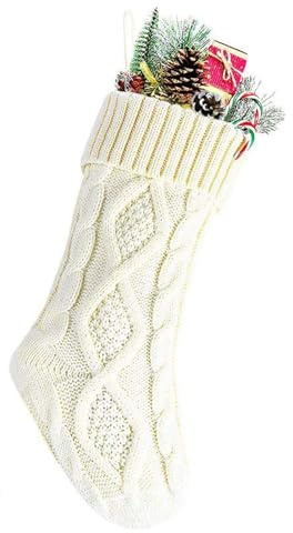 JK Home 1Pc Chaussette de Noël à Suspendre 37cm Tricotés Blanc | Décoration Sapin Bas de Noël Chaussettes de Cheminée Sac de Bonbons