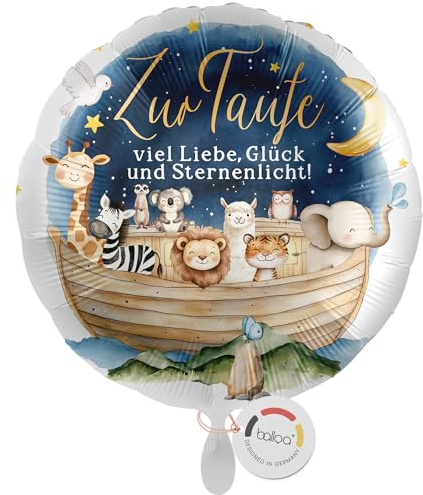 balloa Folienballon XXL Zur Taufe Arche mit Tieren und Sternenhimmel, Helium Ballon als Geschenk zur Taufe für Jungen oder Mädchen, dekorativer Luftballon, Tischdeko und Raumdeko für Tauffeier, 53cm